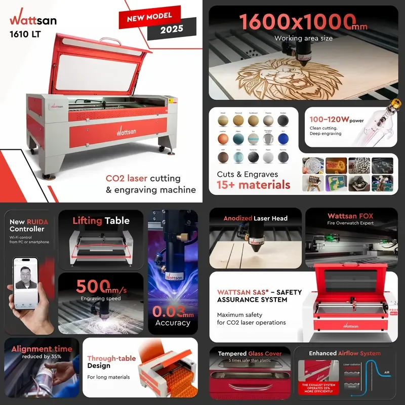 for Watsan 1610 LT CO2 Laser Cutting Machine Engraver CNC System 80W 100W 130W 150W 1600x1000mm Working Area