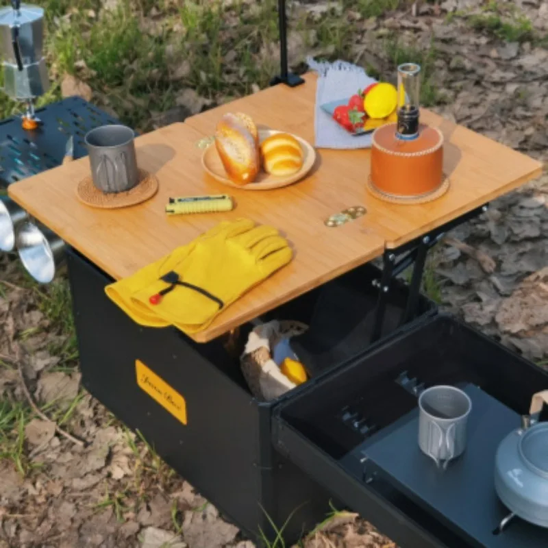Outdoor Mobile Kitchen Camping Picnic Storage Box Wheels Folding Table Aluminium Alloy Frame Multifunction Camping Cookware