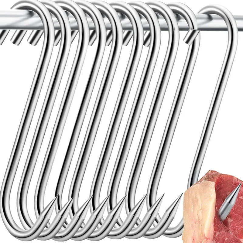 10/30PCS S-shaped Hook with Sharp Tip Stainless Steel Meat Hanger Hooks Butcher Shop Specific Hanging Rack Kitchen Storage Tools