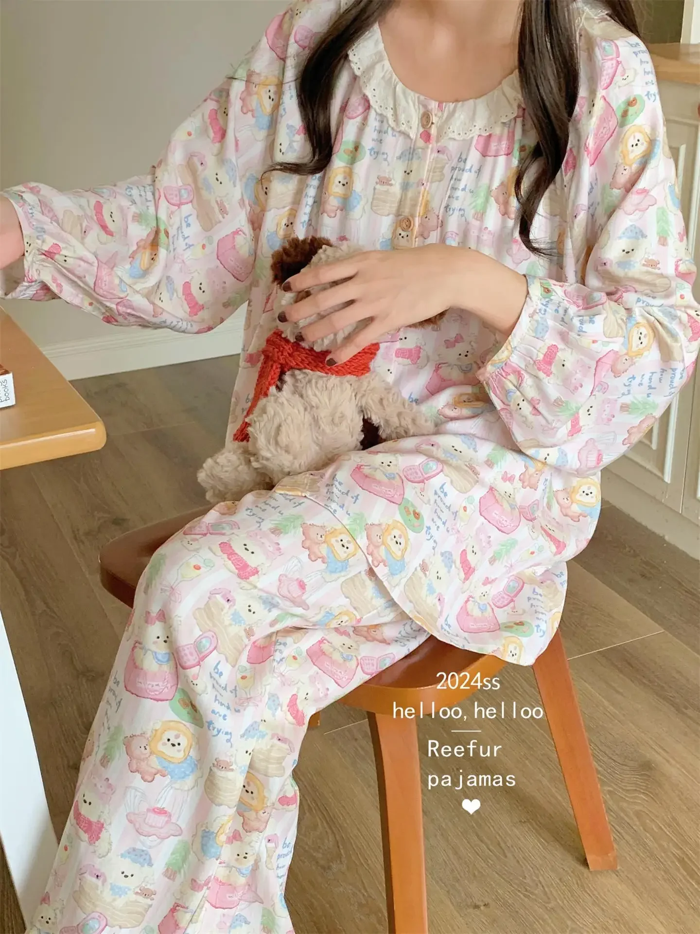 2025 Nowa bawełniana słodka piżama Ruffle Edge Cute Cartoon Loose Long Sleeve O Neck Loungewear Girls Korean Fashion Home Clothing