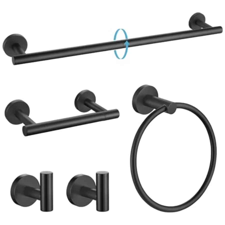 

Matte Black 5 Piece Bathroom Hardware Set SUS304 Stainless Steel Bath Towel Bar Set 24 Inch Round Bathroom Accessories Kit Wall