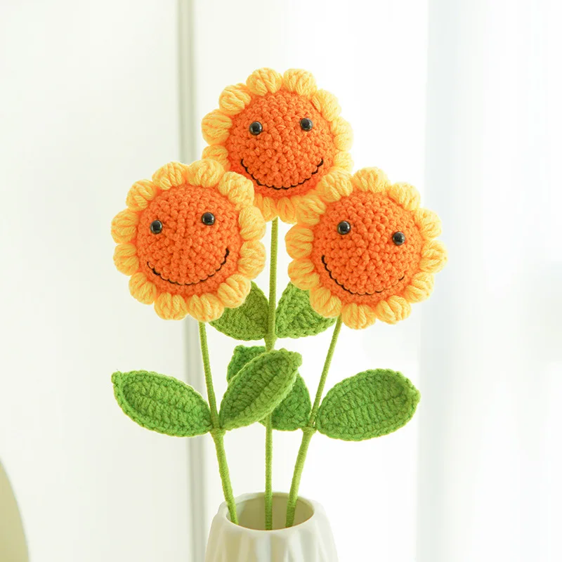 Teacher's Day Hand-Woven Artificial Flower Smiley Face Sunflower Finished Product Wool Creative Flower Decoration Gifts