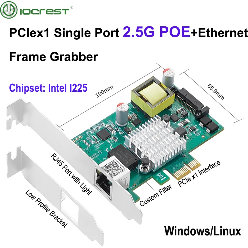 IOCREST POE Gigabit Card Single Port RJ45 Gigabit PCIe x1 PoE+ Ethernet Network Card Frame Grabber 802.3at  Intel I225 Chip