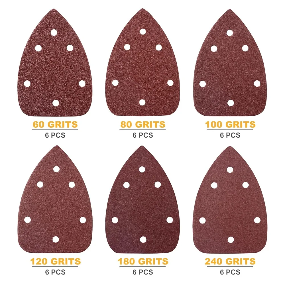 36Pcs Mouse Detail Sander Sandpaper 6‑Hole Hook Loop Sanding Sheets 60‑240 Grit Triangle Sanding Pads for Wood Metal Polishing