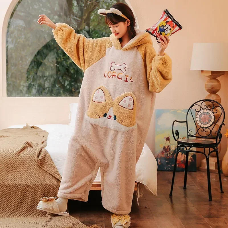 

Pour Cartoon Adult Femme Winter Loose Onesie Pattern Thicken Kigurumis Women Pyjama Korean Corgi Pijama Loungewear Sleepwear