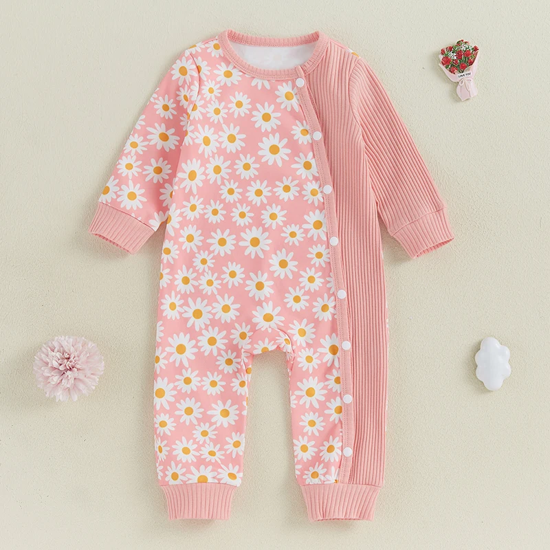 Newborn Baby Girl Clothes Long Sleeve Crew Neck Flower Print Romper Button Closure Jumpsuit Fall Winter Outfits