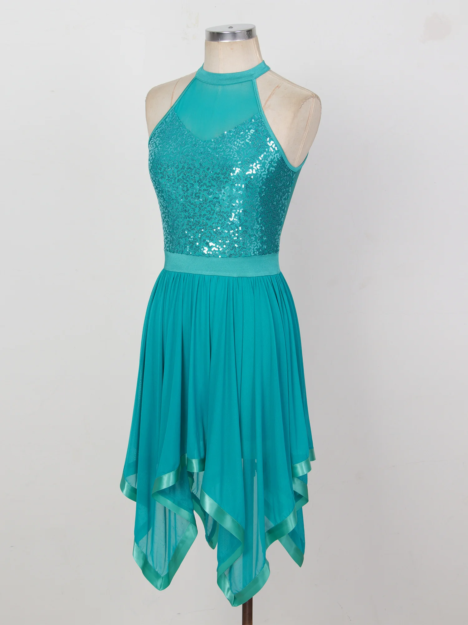 Womens Lyrical Dance Costume Shiny Sequins Halter Ice Figure Skating Dress Elegant Stage Show Party Ballroom Ballet Clothing