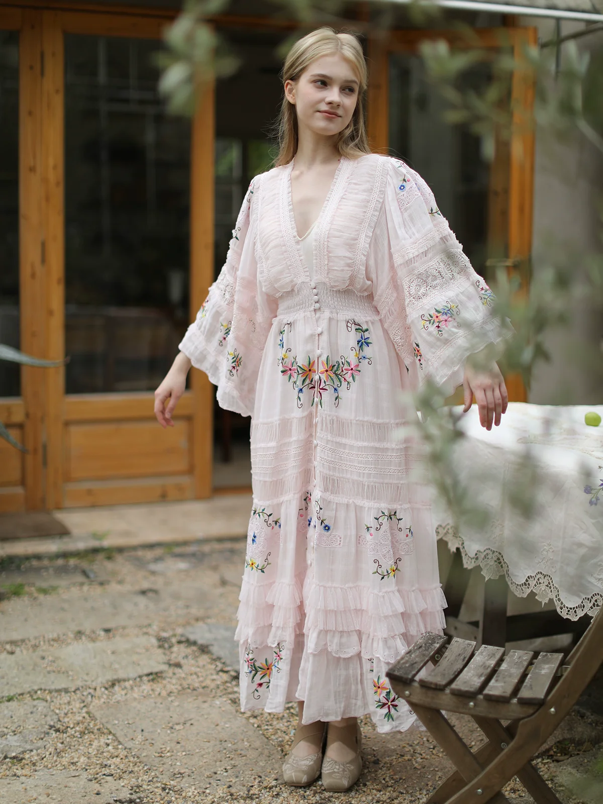 

Spring Summer Women Mori Kei Girl Embroidered Fairy Slim-Fit V-Neck Sleeveless Cotton Long Dress