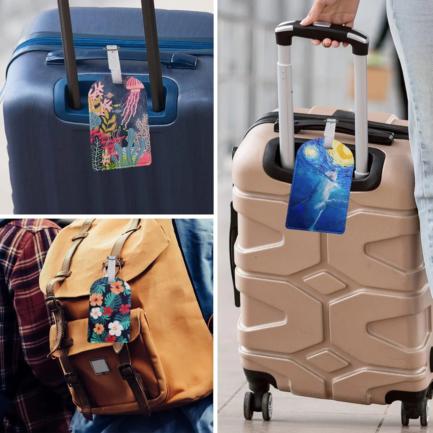 PU Leather Travel Luggage Tags with Privacy Cover for Suitcase Handbags Backpacks Men Women Animals Tropical Plants Baggage Tags