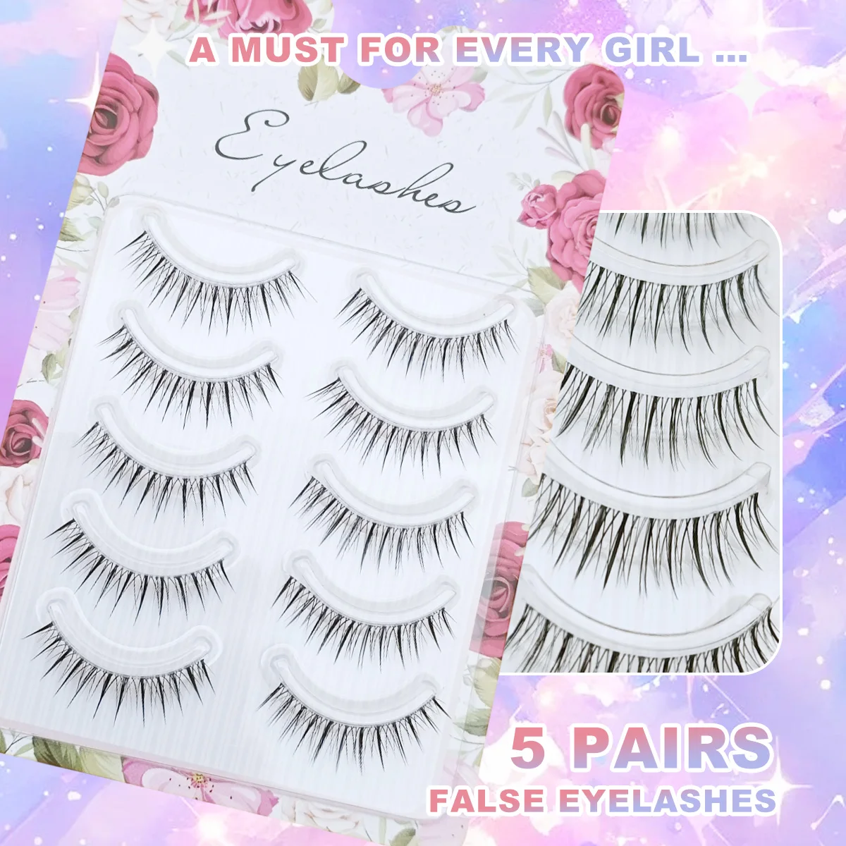 5 pares mangá natural olhar cílios postiços banda clara anime cosplay cílios asiáticos reutilizáveis para viagens festivais festas