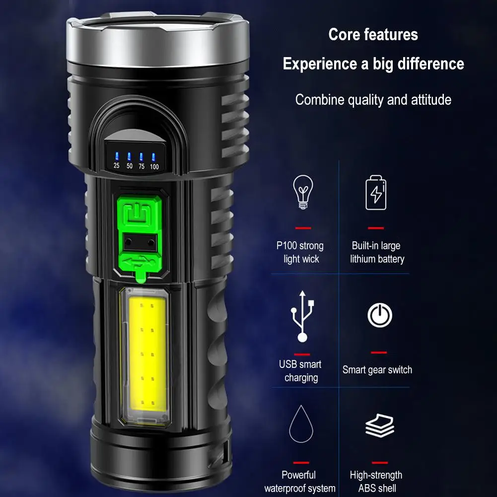 Portable LED Tactical Flashlight With Side COB USB Rechargeable Lantern Built-in Battery Torch Waterproof Camping Hand Light