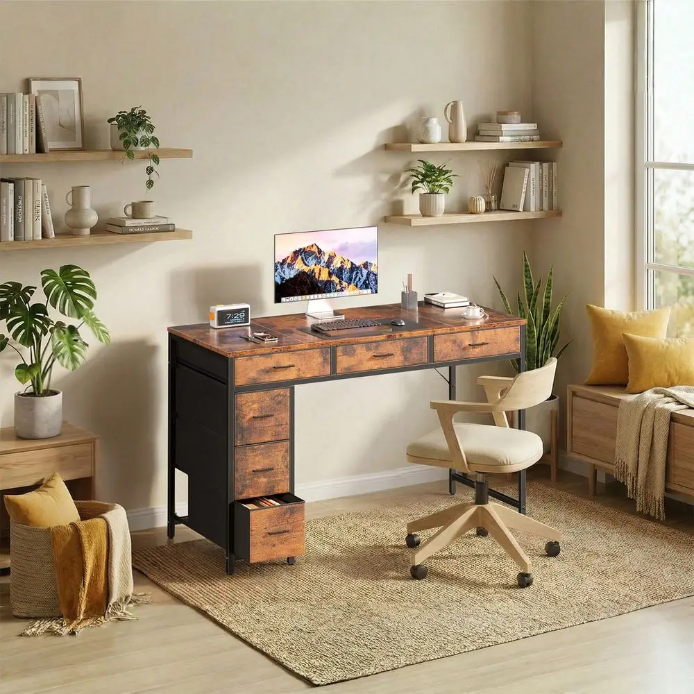 

Computer Desk With 6 Drawers, 47 Home Office Desk With Fabric Storage, Sturdy Steel Frame, Vintage Wood Grain Writing Table For