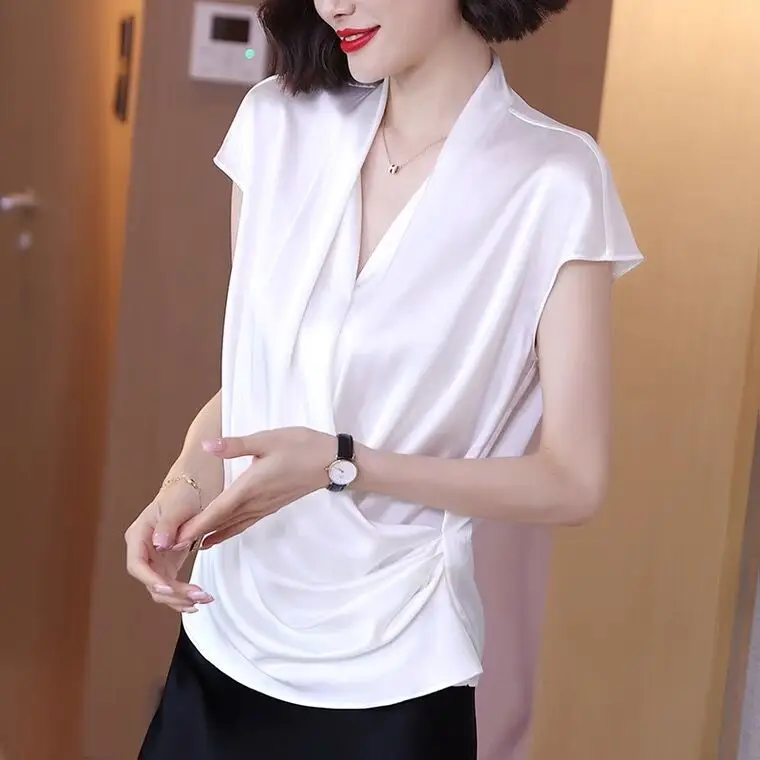 2024 Summer Beautiful Women\'s Blouses fashion Chiffon V Neck Women Blouses Satin Office Black Women Elegant Shirts Silk camisa