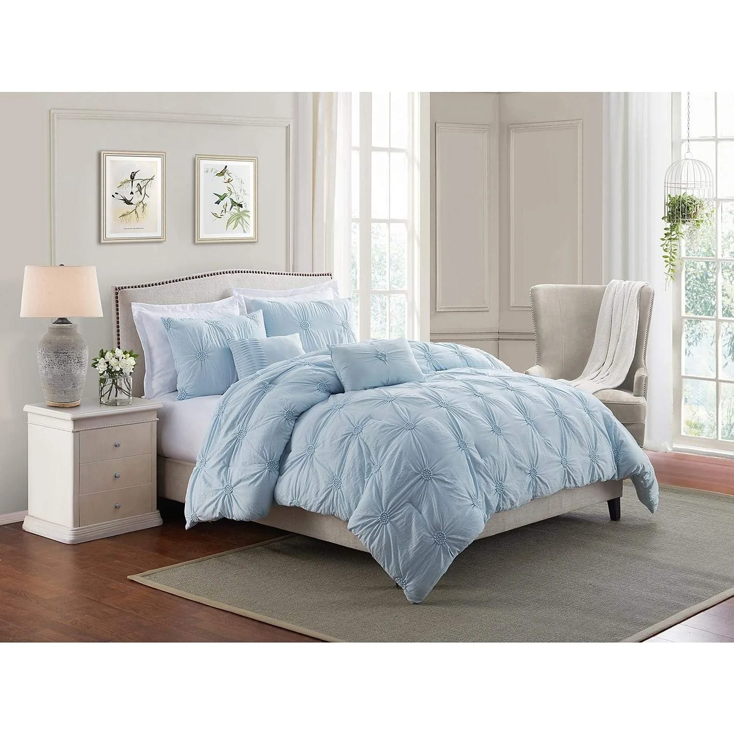 Blue Comforter Set - Ruched 3D Floral Pintuck Bedding Set - 2 Pieces Bed Linen, 1 Comforter and 1 Pillow Sham