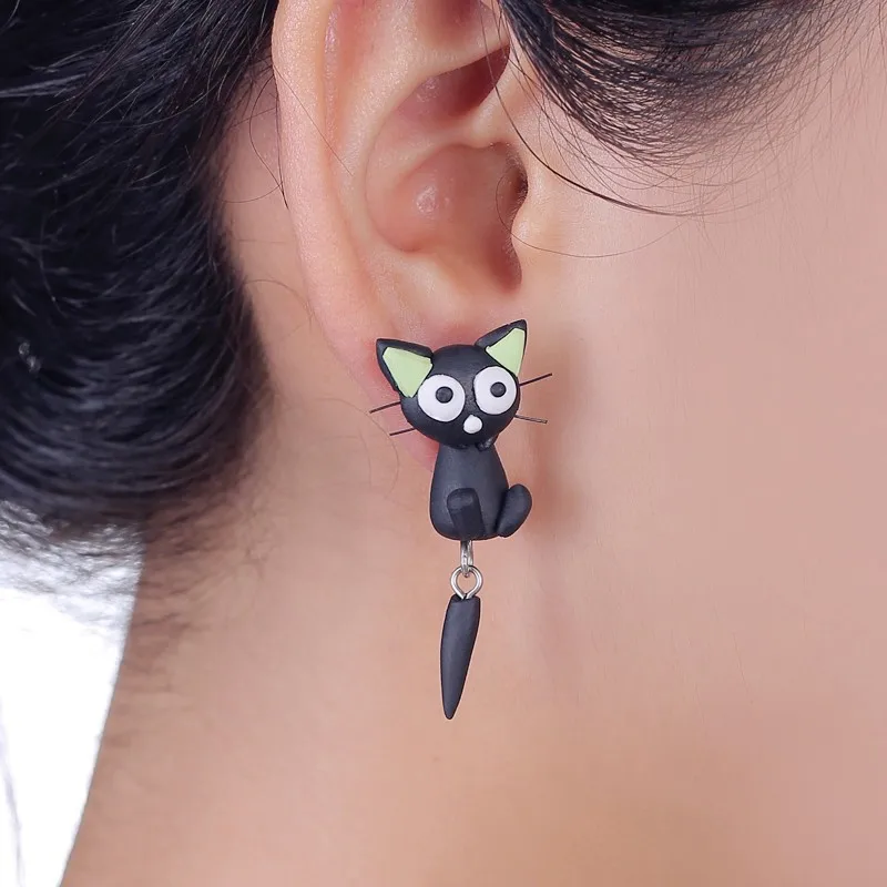 Handmade 3D Black Cat Polymer Clay Stud Earrings For Women Cute Animal Front Back Ear Jackets Kawaii Kitten Earrings Brincos