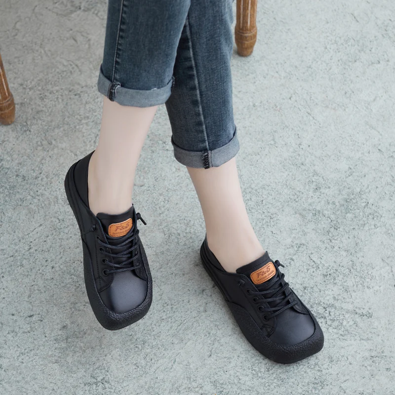 

Women Flats Leather Black Casual Shoes Lazy Ladies Handmade Girls Low Heels Genuine Leather Women Shoes Drive Spring2023