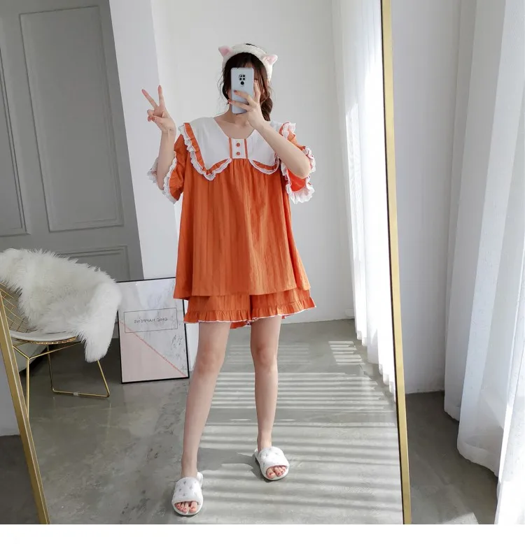 Washed Cotton Summer Sweet Bow Peter Pan Collar Pajamas Short Sleeve Shorts Two-piece Set 2025 Girl Loose Ruffles Loungewear