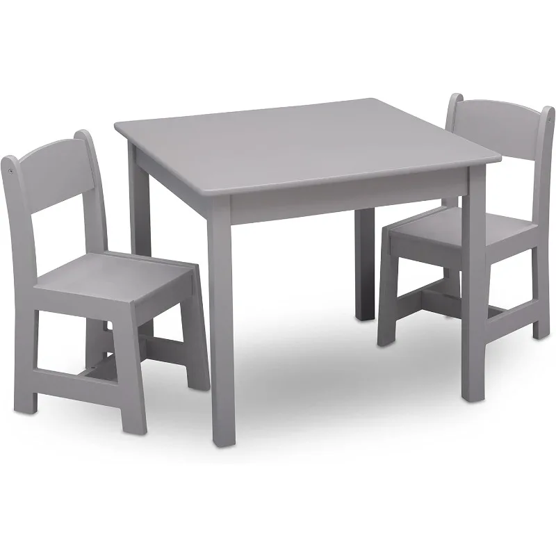 Kids Wood Table and Chair Set (2 Chairs Included) - Ideal for Arts & Crafts, Snack Time & More - Grey, 3 Piece Set