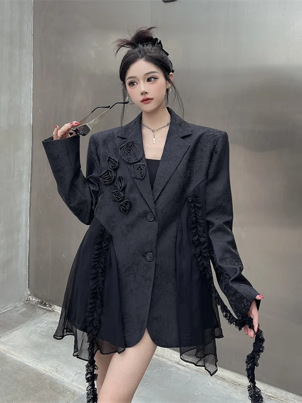 Tannt Women Blazer Irregular Mesh Patchwork Flower Vintage Black Blazer Jacket Asymmetry Fashion Casual Suit Coats Women 2025