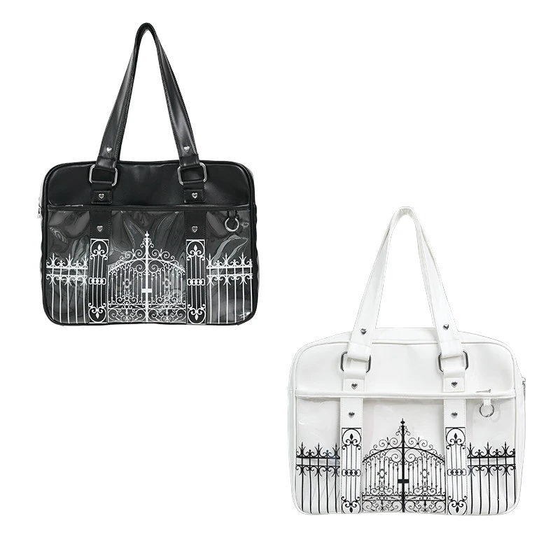 Gothic Ita Bag mit transparentem PVC-Fenster, Damen-Umhängetasche mit Eisentor-Design-Print, Vintage-Handtasche, schwarze Tragetasche – Detail 1