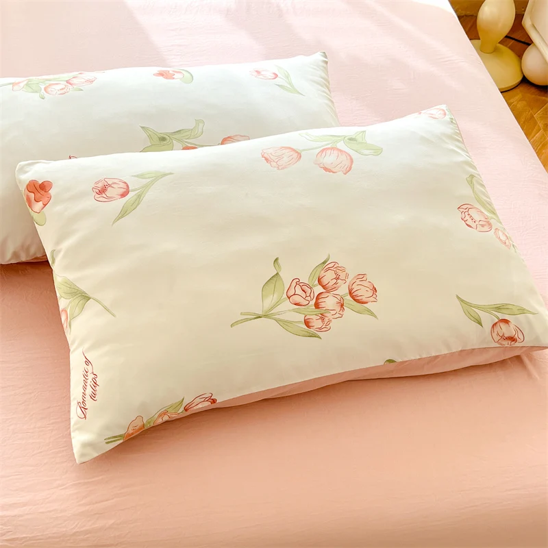 3pcs Pink Tulip Duvet Cover Set, Girls Women Bedroom Plant Flower Decoration Queen Bedding, Letter Printing King Comforter Cover