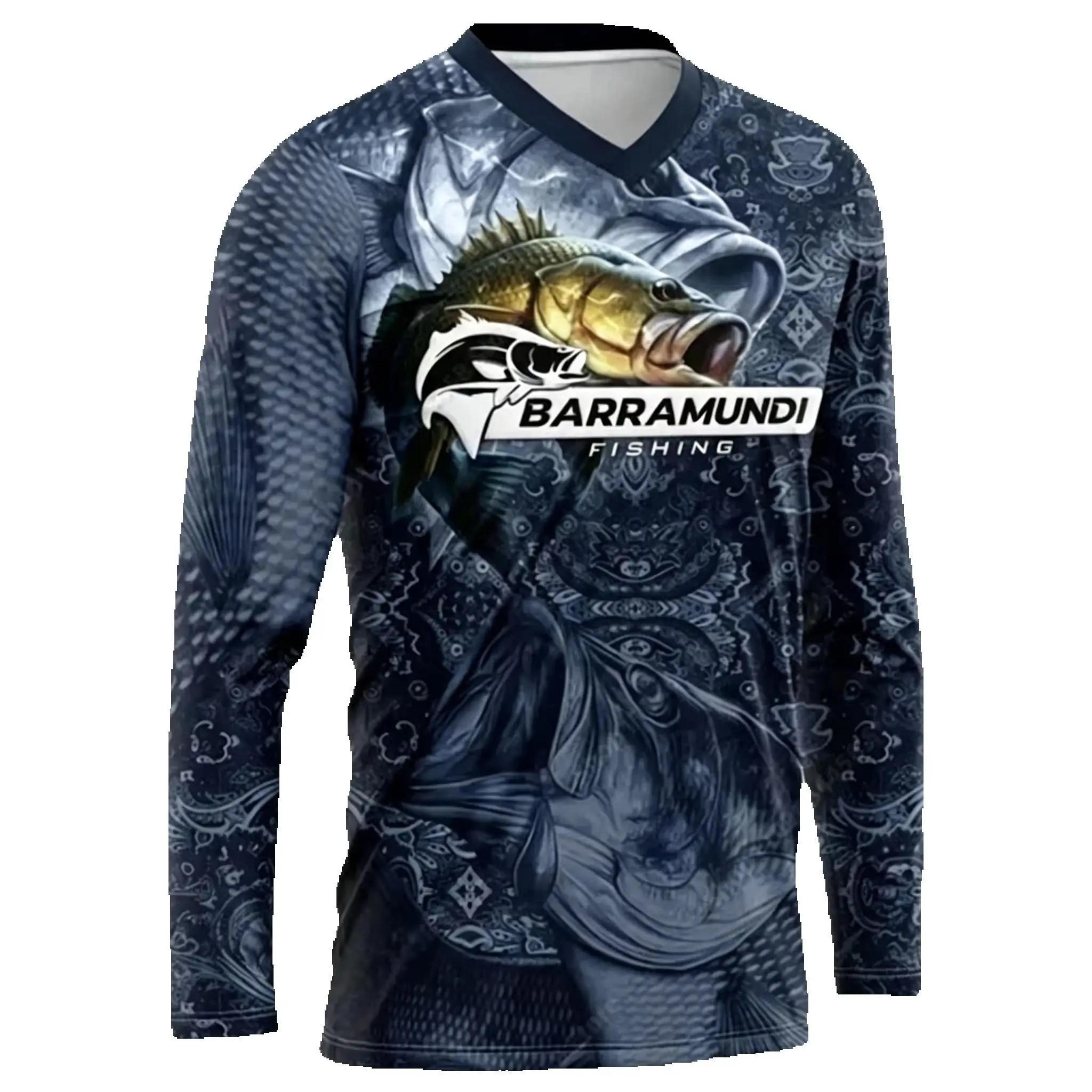 Family Matching Men & Kids V-Neck Long Sleeve Fishing Shirt, 3D All Over Print Breathable Outdoor Angling Sport Top for Fishing