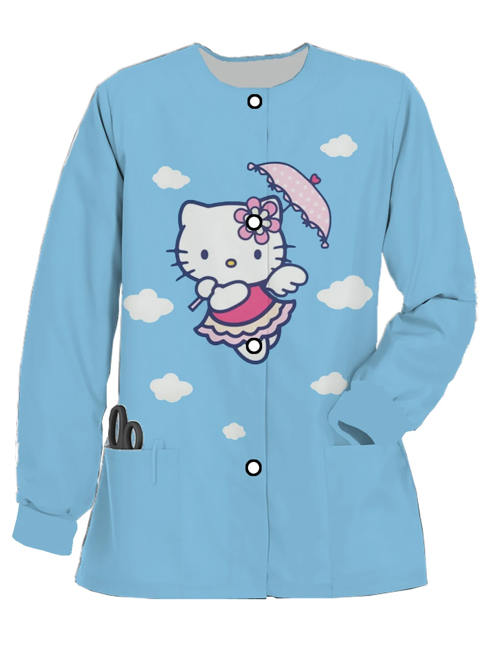 Hello Kitty print women's long-sleeved nurse jacket spring and autumn frosted round-neck doctor casual button work uniform