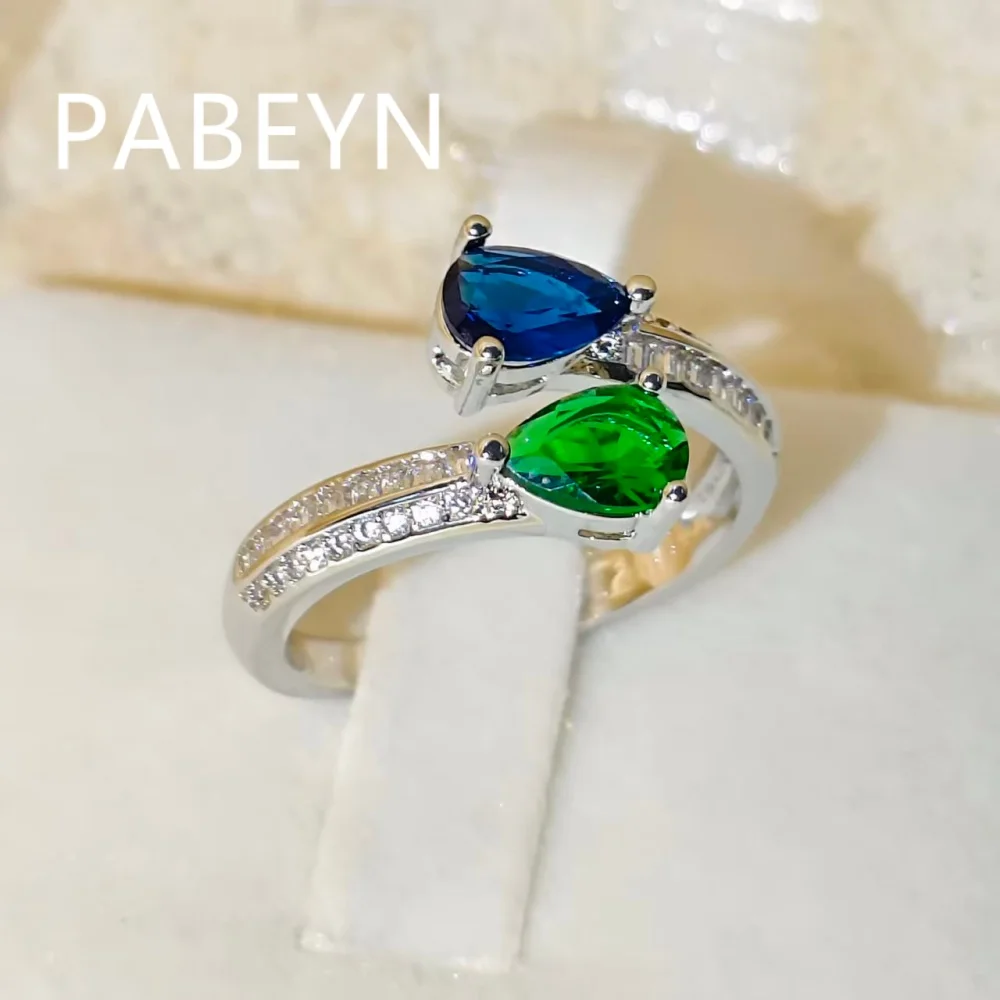 925 Sterling Silver Fashion Light Luxury Blue-Green Drop Zircon Ring, Adjustable, Birthday Party Anniversary Gift Ladies Jewelry