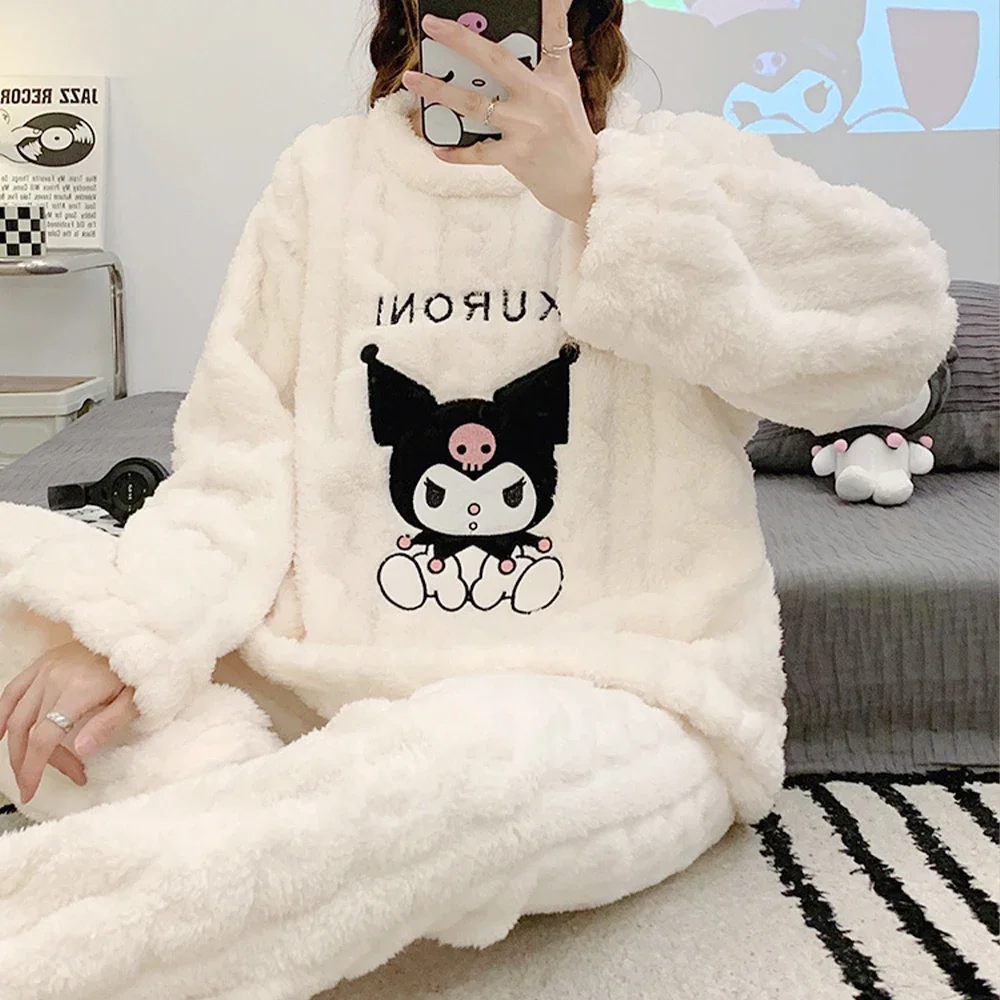 Sanrioed Cartoon 2Pcs Kuromi Pajama Set Kawaii Anime Women Plush Homewear Winter Thicken Long Sleeves Pants Girls Cute Keep Warm