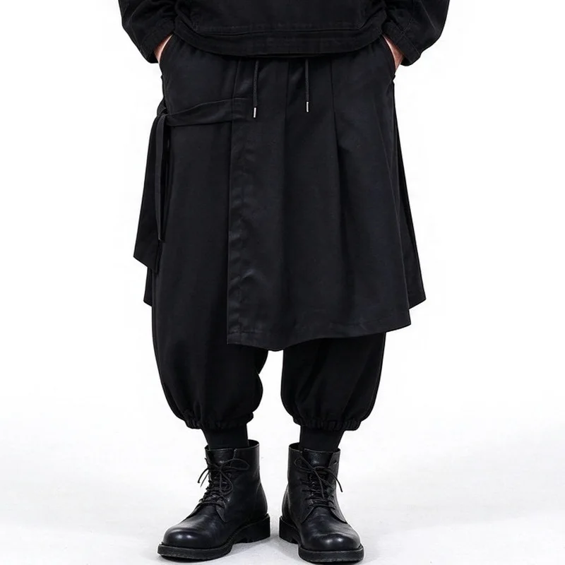 Men's Casual Pants, Dark And Asymmetrical Design, Loose Fit, High-Waisted, With Drawstring, Workwear Style, Wide-Leg, And Croppe