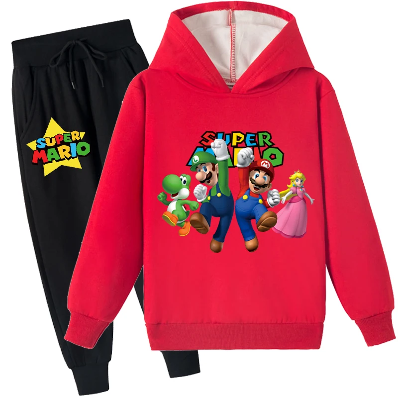 Roupas de 2 peças com capuz e calças jogger forradas de lã para jovens, moletom escovado Super Mario, tops de algodão para 2 a 14 anos
