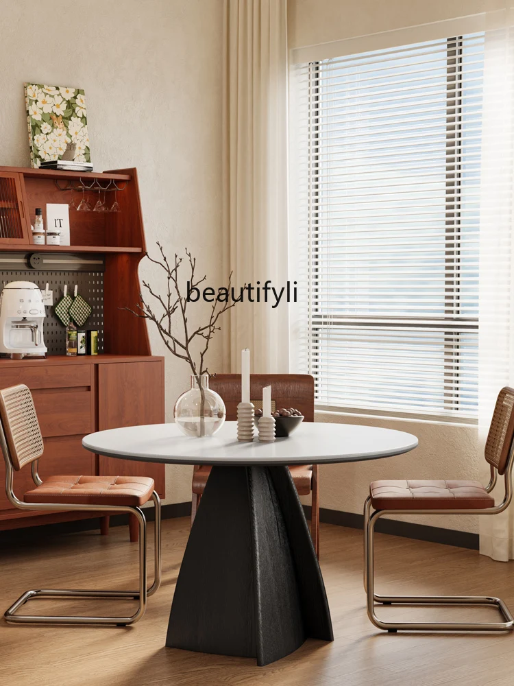 

Medieval cream style modern simple small apartment household living room round solid wood white rock slab