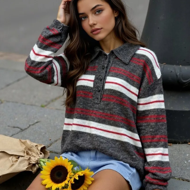 

Осень-зима 2022, новый женский милый вязаный свитер в корейском стиле с воротником-поло и длинными рукавами, полосатый вязаный мягкий удобный дизайн, топы