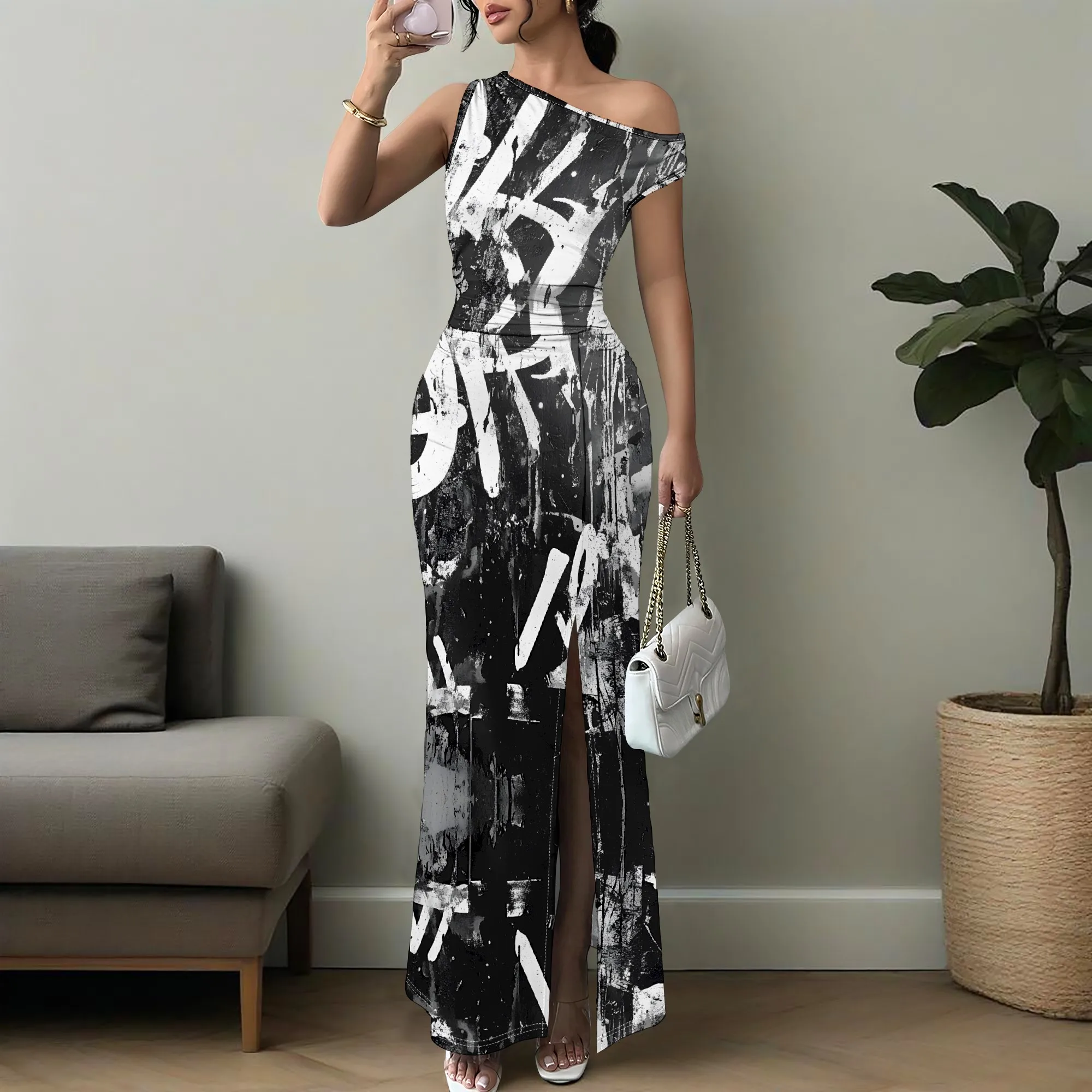 

Elegant Women's One Shoulder Maxi Dress Bodycon Side Slit Graffiti Print Long Party Gown XS-3XL