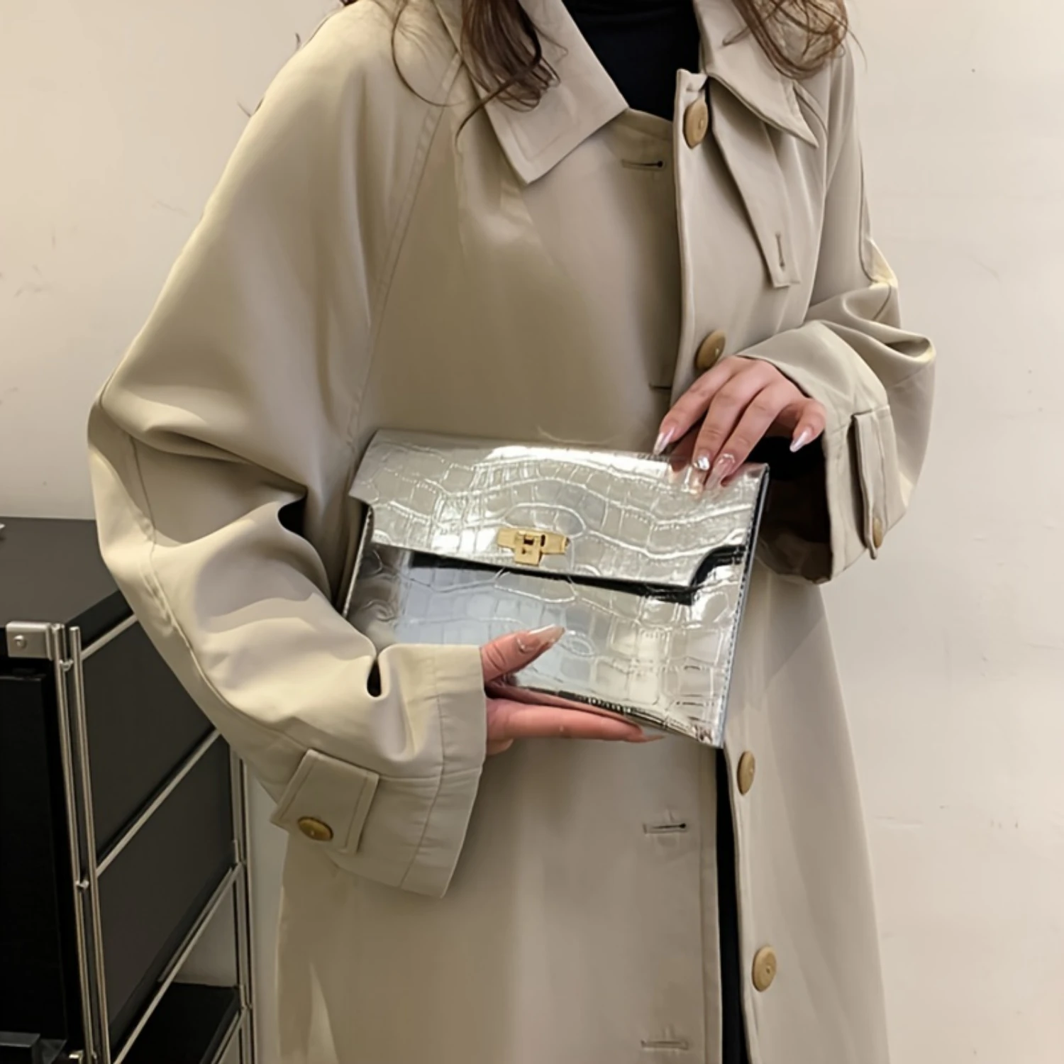 Color Crocodile Pattern Square Clutch Wallet, Minimalist Classic Clutch Purse For Women