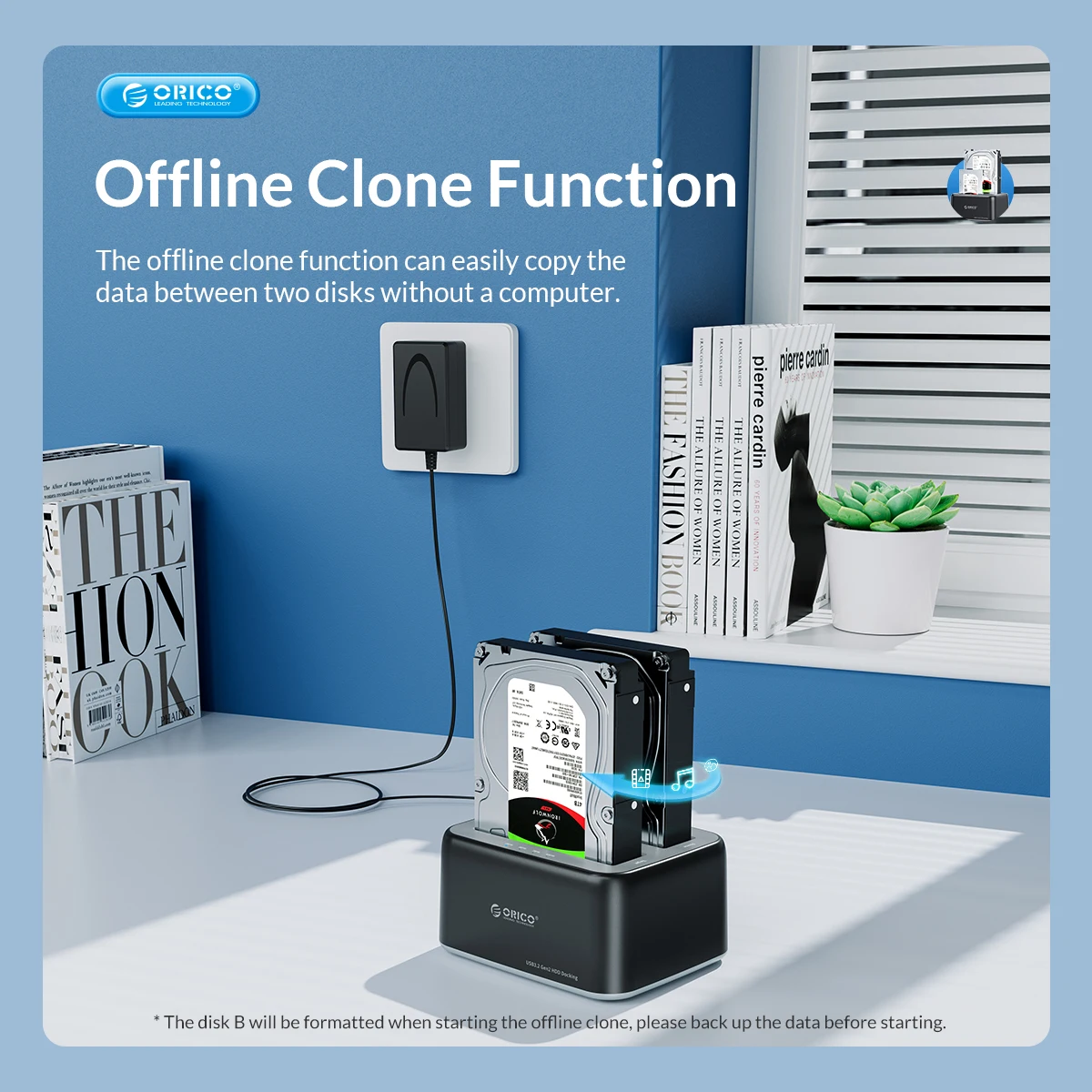 Docking station per disco rigido ORICO da 2,5/3,5 pollici SATA a tipo C USB3.2 Custodia per HDD Gen2 da 10 Gbps con alimentatore Clone offline 12V3A