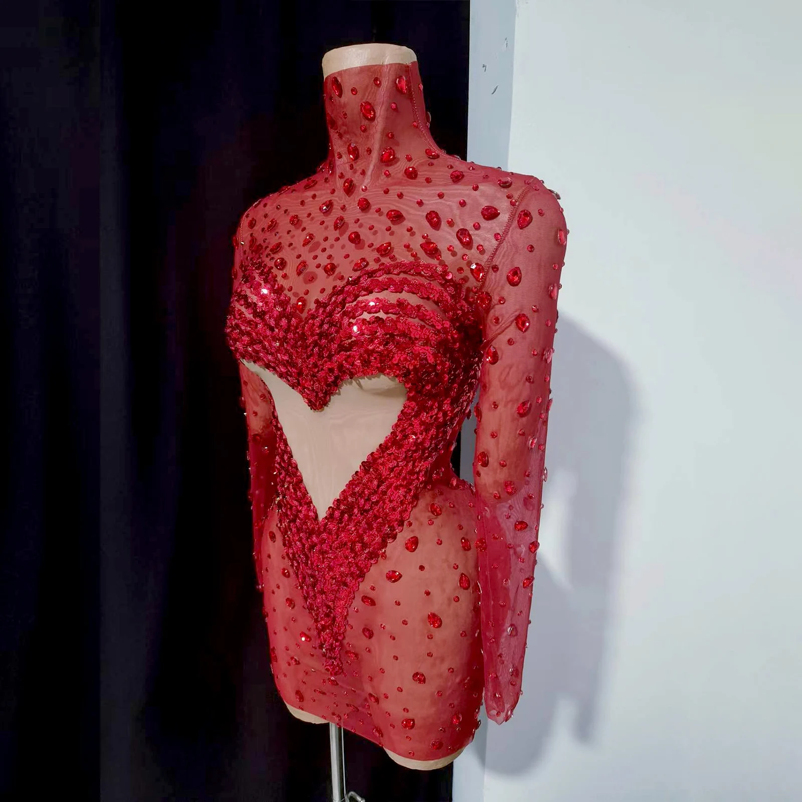 Luxus Rote Pailletten Kristall Mesh Kleid Sexy Geburtstag Prom Outfit Abend Party Bühne Sängerin Kostüm Nachtclub Drag Queens Show