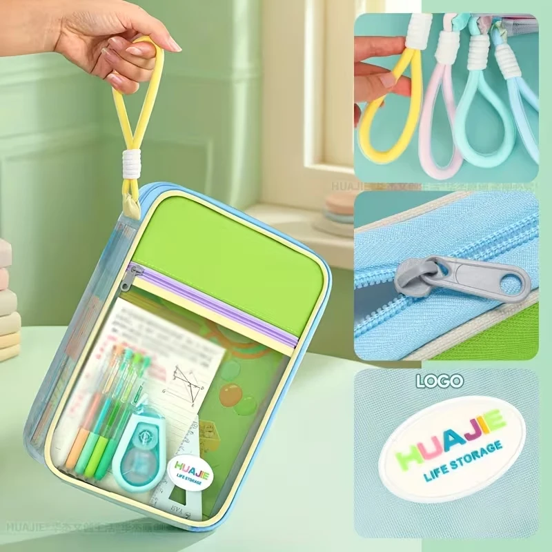 Large-capacity color-block portable stationery organizer / document & file storage bag / subject-categorized L-opening book tote