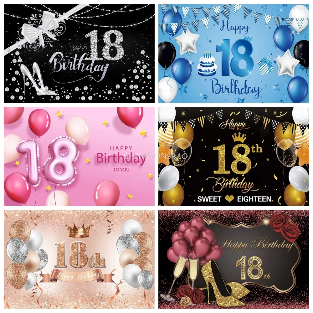

Coming Of Age Ceremony Happy 18th Birthday Photography Backdrops Golden Balloon Quinceañera Party Photo Studio Background SB-01