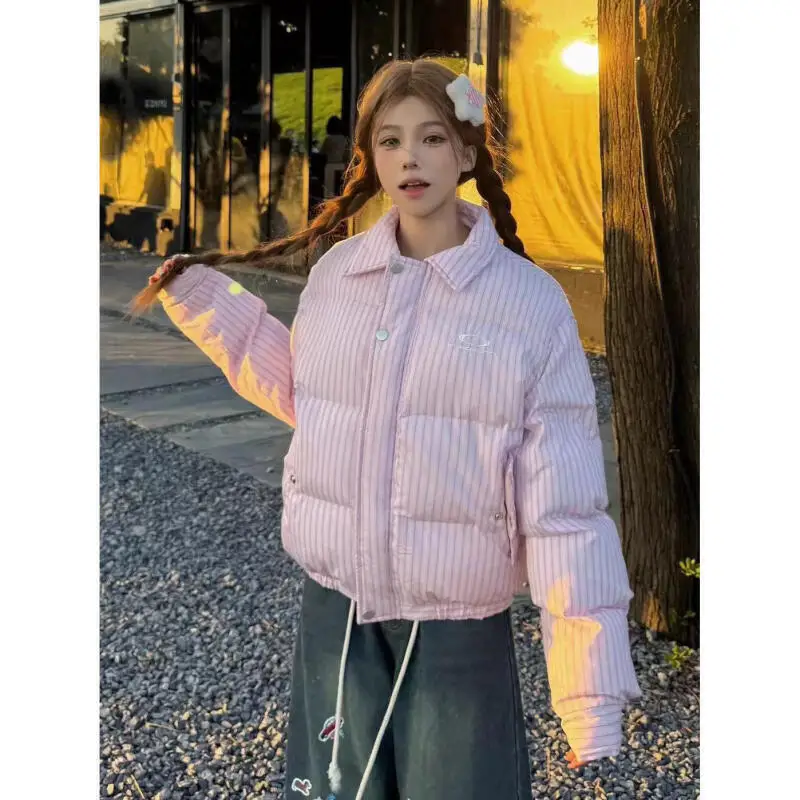 سترة نسائية شتوية مبطنة بالقطن بخطوط عمودية وردية النسخة الكورية للفتيات الطالبات سترة منتفخة دافئة معطف علوي #3