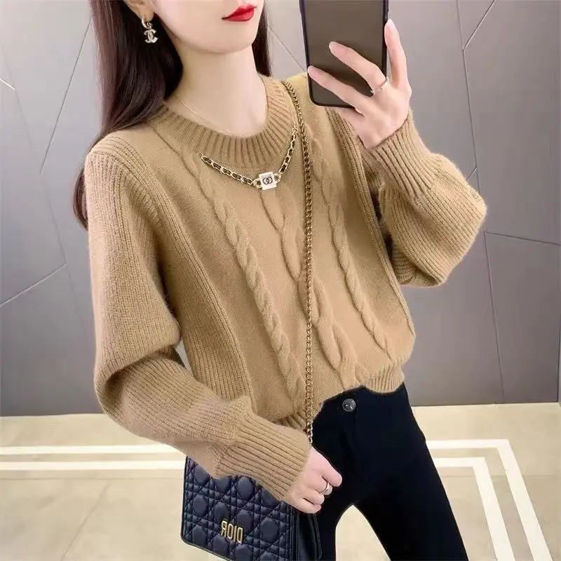 Autumn and Winter Women's Solid O-Neck Long Sleeves Loose Thick Pullover Screw Thread Chain Korean Fashion All-match Tops