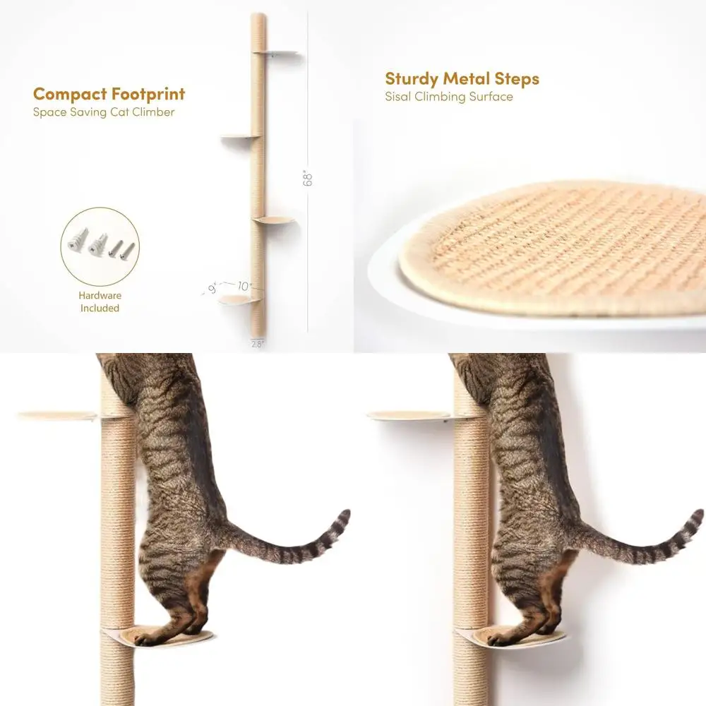 

68 High Modern Wall-Mounted Cat Shelf with Sisal Post & Steel Steps - Space-Efficient Furniture for Small Spaces
