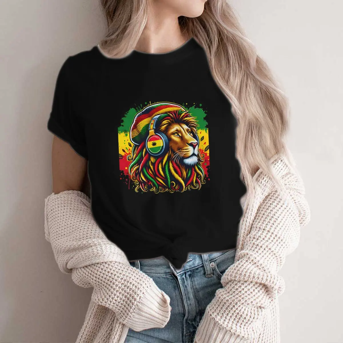 Jamaica Lion Newest TShirt for Men Rasta Reggae Music Headphones Round Collar Polyester T Shirt Distinctive Birthday Gifts Tops