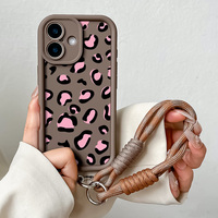 Wrist Chain Lanyard Case for iPhone 16 15 14 13 12 11 Pro MAX XS Max XR 7 8 Plus Pink Leopard Print Soft TPU Cover