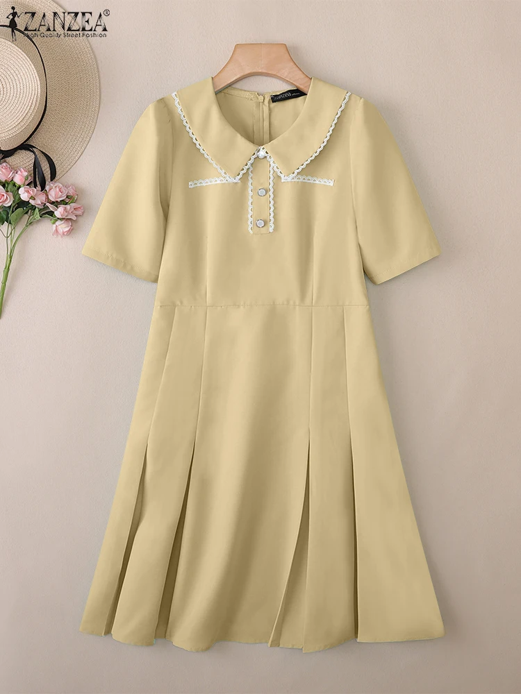 ZANZEA Elegante Spitze Trim Patchwork A-Line Kleid Frauen Peter-Pan Kragen Kurzarm Invertiert Falten Roben Femme Koreanische Mode
