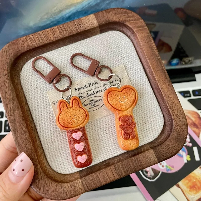 Fashion Cartoon Baking Cookie Keychain, Toast Bread Pendant Key Ring for Student Bag Decor