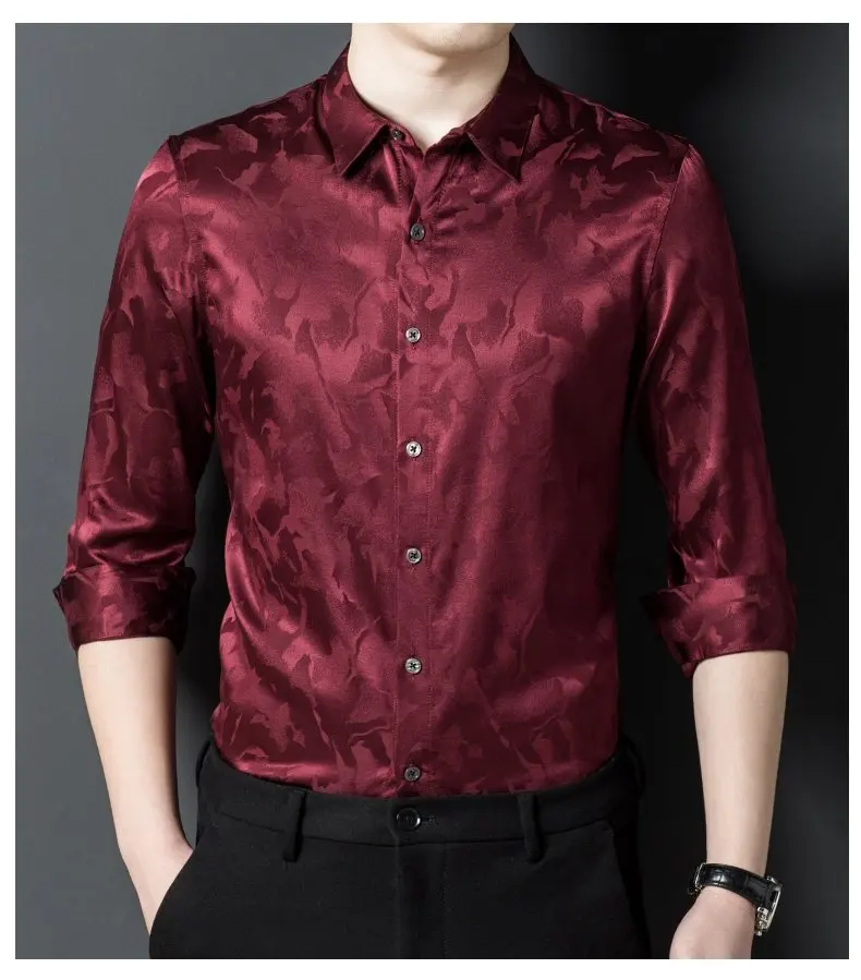 92.5% Mulberry Silk Shirt for Men Long Sleeve Shirt Men Spring Autumn Tops Male Satin Casual Thin Men\'s Clothing Chemise Homme