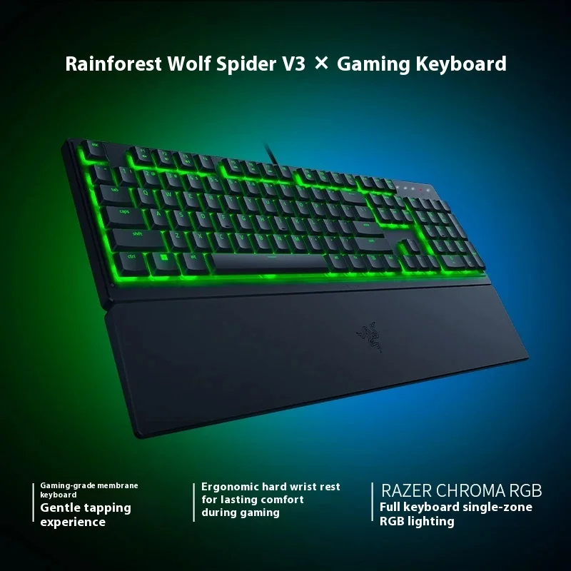 لوحة مفاتيح سلكية من سلسلة Razer Rainforest Wolf Spider V3، مفاتيح ميكانيكية خفيفة الوزن، كمبيوتر ألعاب، لوحة مفاتيح RGB بإضاءة خلفية