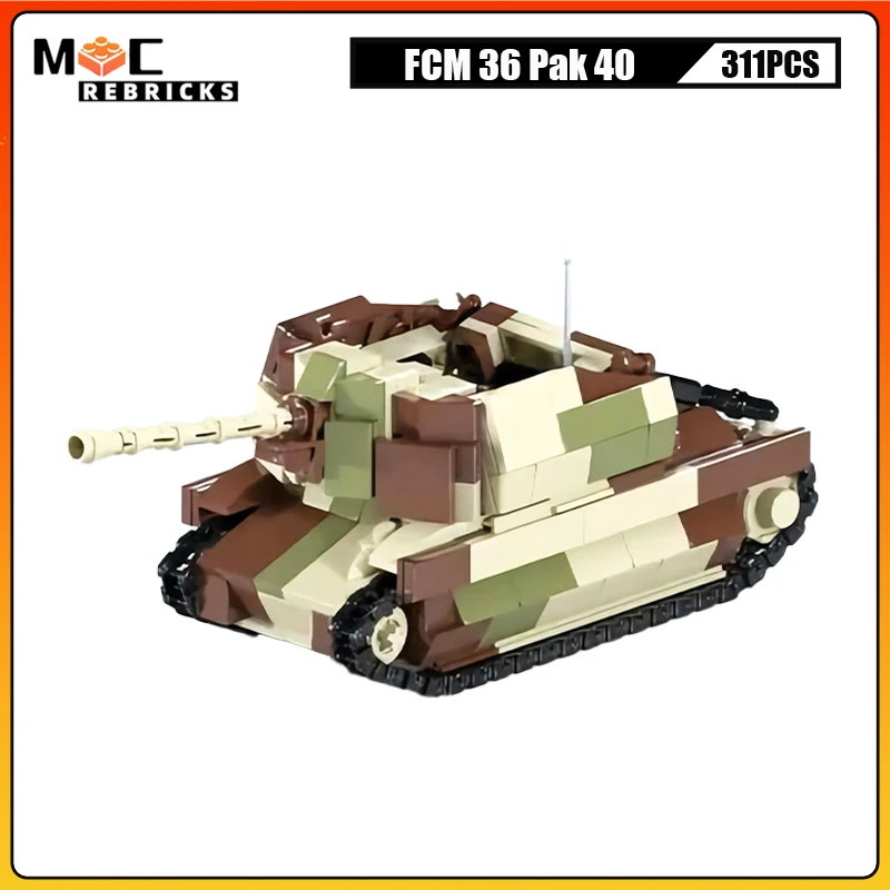 WW2 Military Light Infantry Tank FCM 36 Pak 40 Self Propelled Gun Panzer MOC Building Blocks Assembly Model Creative Kid's Toys