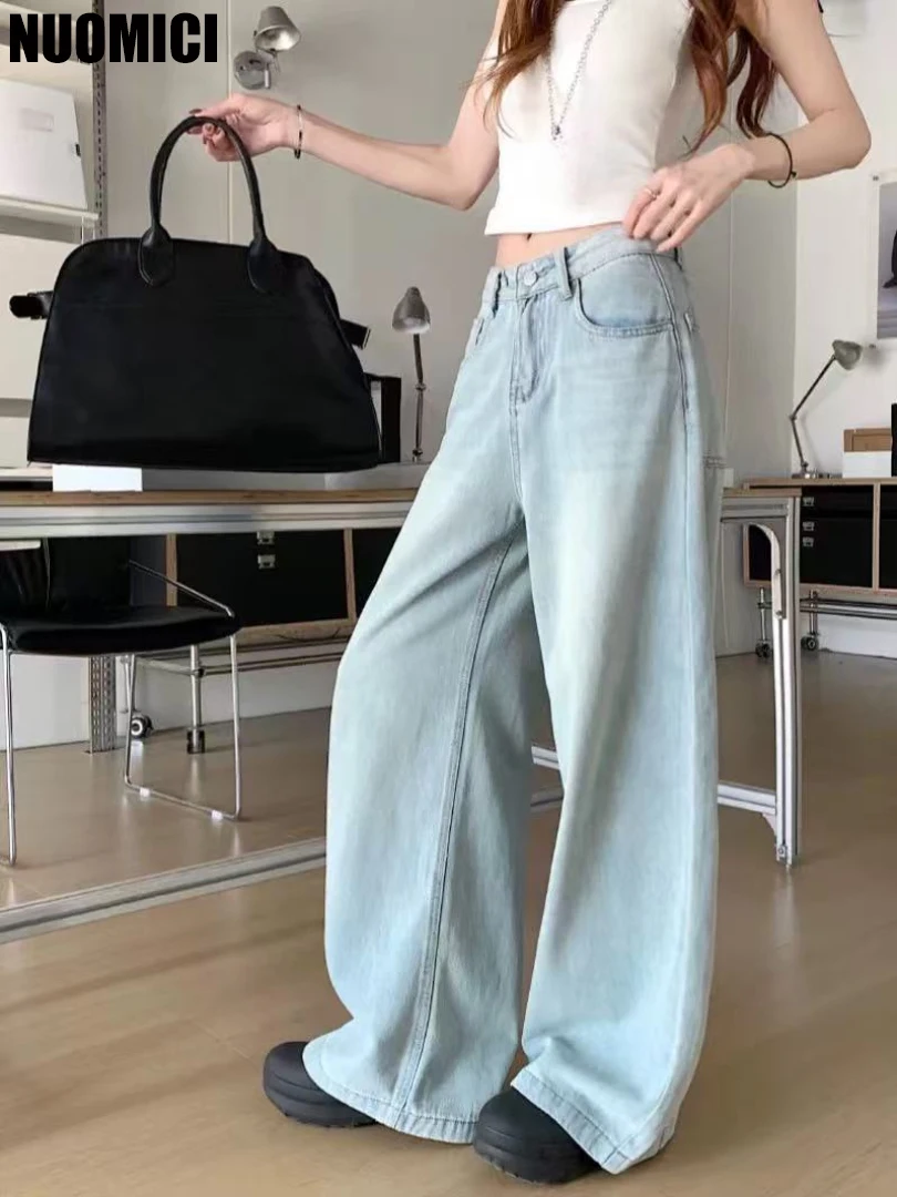 NUOMICI Light Blue Mid-low Waist Jeans Women's Loose Casual Straight Trousers Street Simple Chic Basic Female Pants